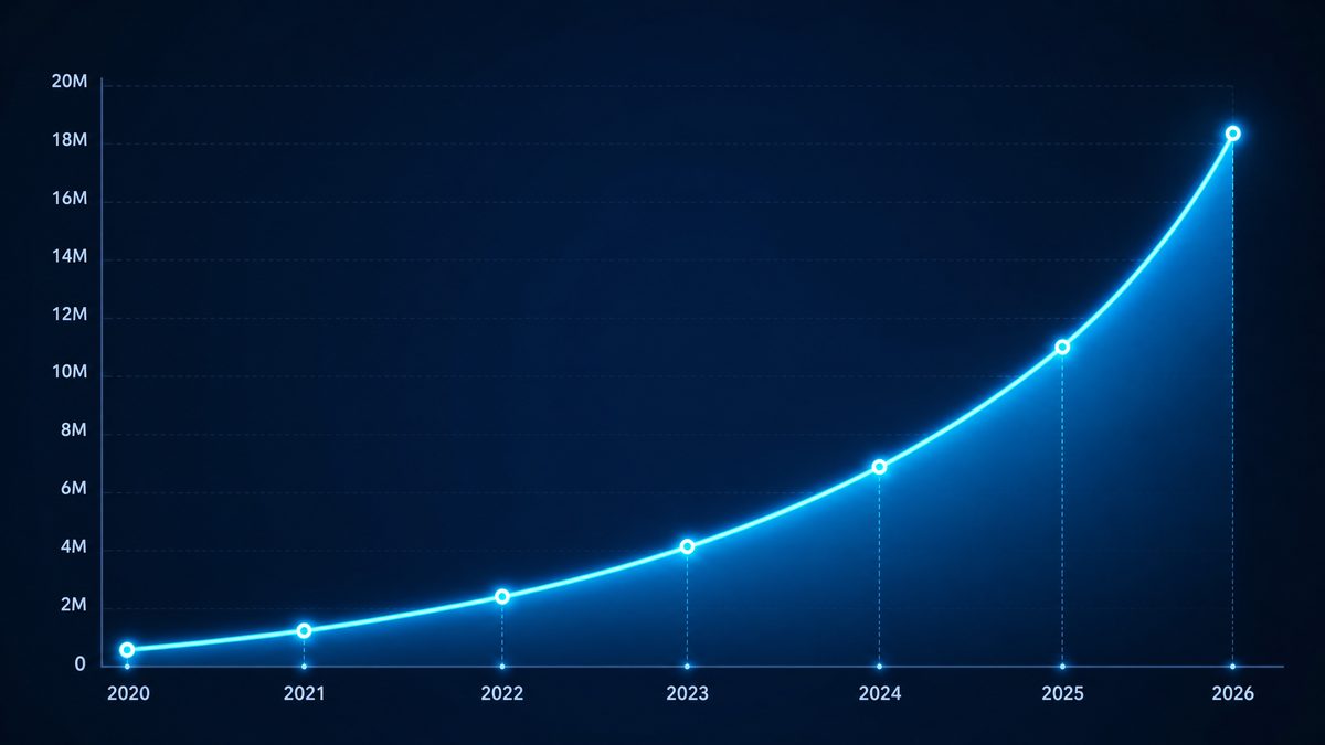 17c.com github用户增长数据图表,展示2020-2026年注册用户从50万增长至1800万的趋势